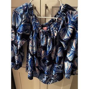 Lilly Pulitzer Off Shoulder Smocked Top Blue‎ Pink Floral Shell Print Size M